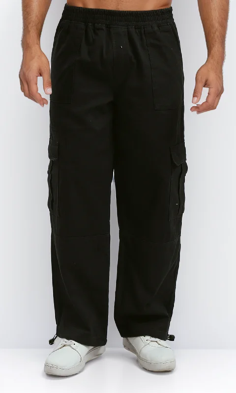 O187227 Slip On Solid Black Casual Cargo Pants