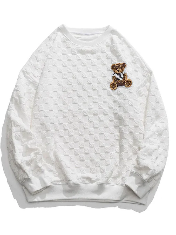 Relax Fit Bear Embroidered Patch Checkerboard Jacquard Sweatshirt