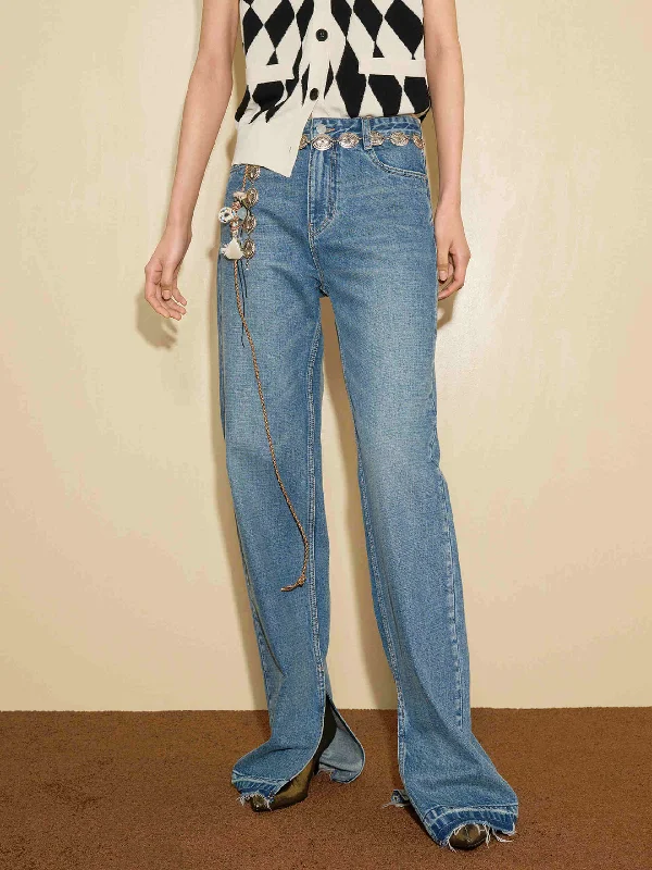 Side Slit Straight Leg Jeans