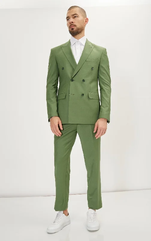 Super 120S Merino Wool Double Breasted Suit - Kale Green