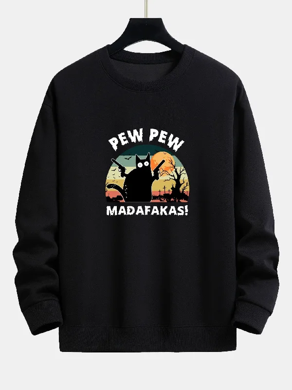 PEW PEW MADAFAKAS Black Cat Print Relax Fit Sweatshirt