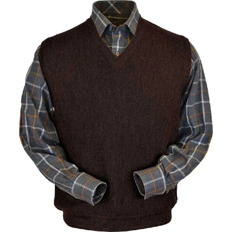 Baby Alpaca 'Links Stitch' V-Neck Sweater Vest in Dark Brown Heather by Peru Unlimited