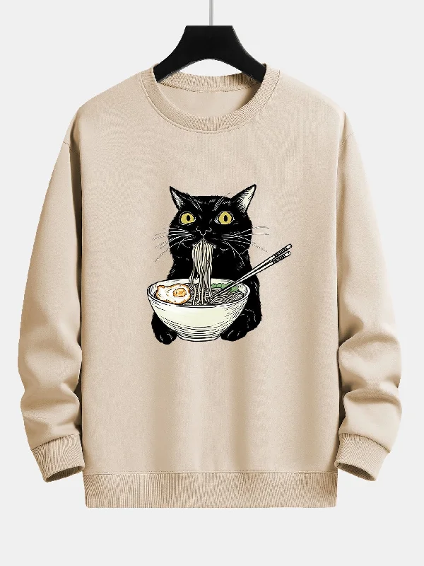 Cat Eating Noodles Print Relax Fit Sweatshirt