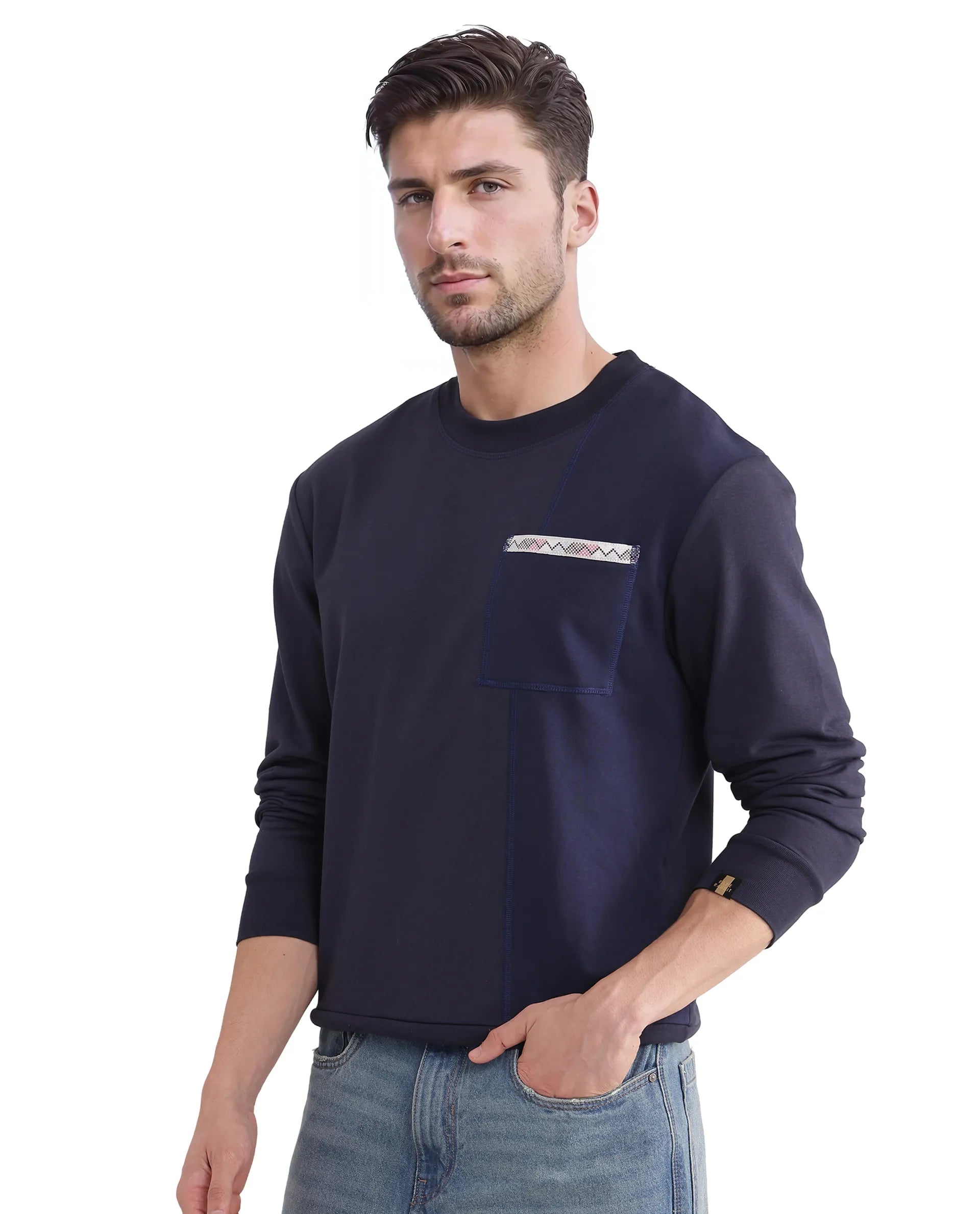 Rare Rabbit Men Otese Navy Cotton Polyester Fabric Full Sleeve Crew Neck Regular Fit Cut and Sew Sweatshirt