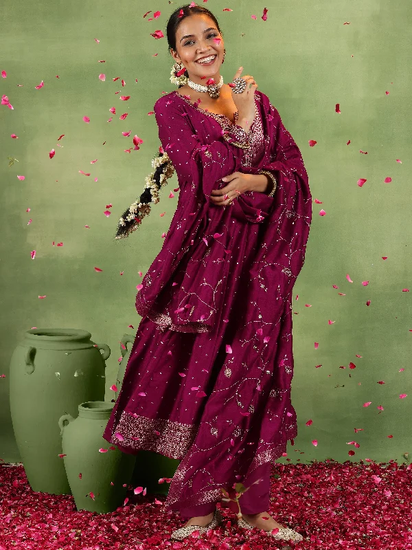 Maroon Embroidered Silk Blend Anarkali Suit With Dupatta