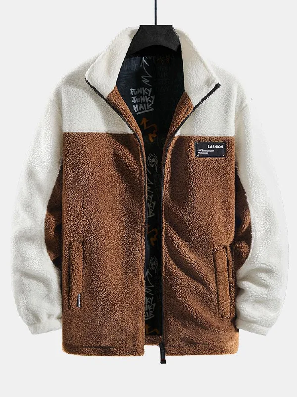 Teddy Fleece Patchwork Zip Up Jacket