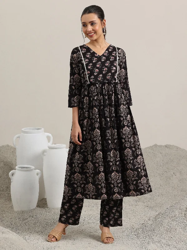 Black Printed Cotton Anarkali Kurta With Trousers