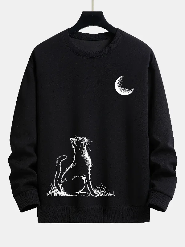 Cat Looking Up At The Moon Print Relax Fit Sweatshirt