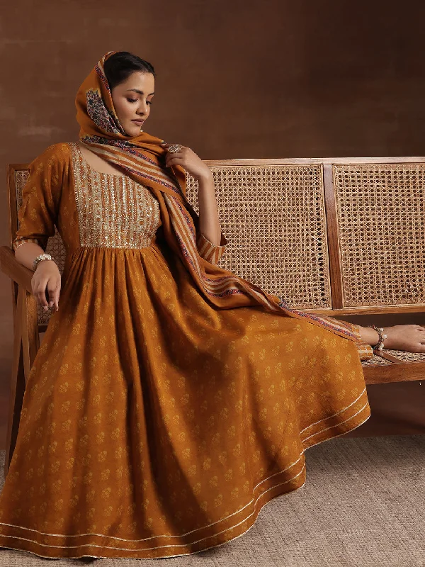 Mustard Printed Silk Blend Anarkali Suit With Dupatta