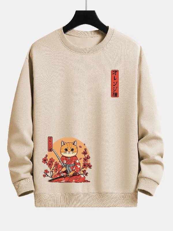 Japanese Samurai Cat Print Relax Fit Sweatshirt