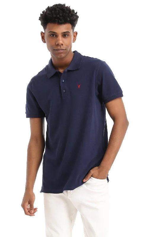 39403 Basic Turn Down Collar Navy Blue Pique Polo Shirt