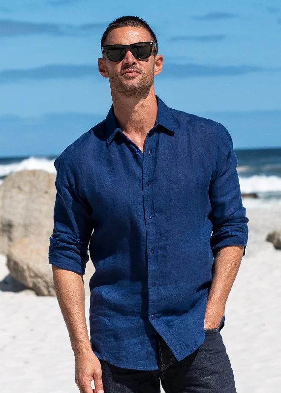 Mens' Navy Blue Linen Shirt with contrast Trim