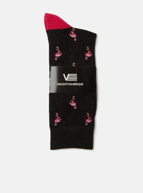 Black socks with flamingo pattern