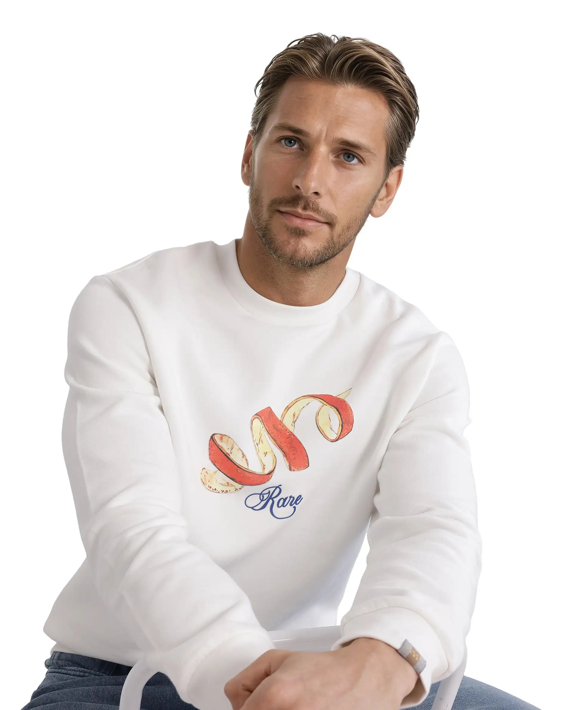 Rare Rabbit Men Pend White Full Sleeve Crew Neck Boxy Fit Printed Sweatshirt