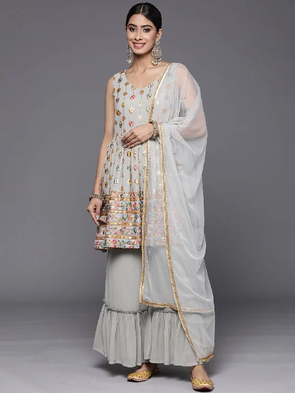 Grey Embroidered Georgette A-Line Sharara Suit Set With Dupatta