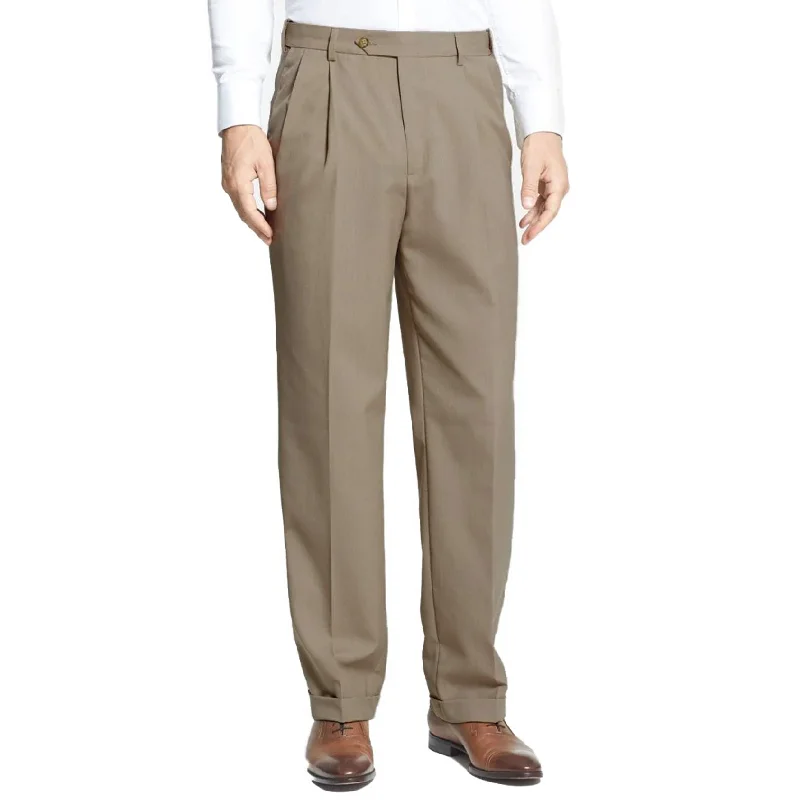 Polyester/Wool Tropical Washable Trouser in Tan (Self Sizer Double Reverse Pleat - Regular & Long Rise) by Berle