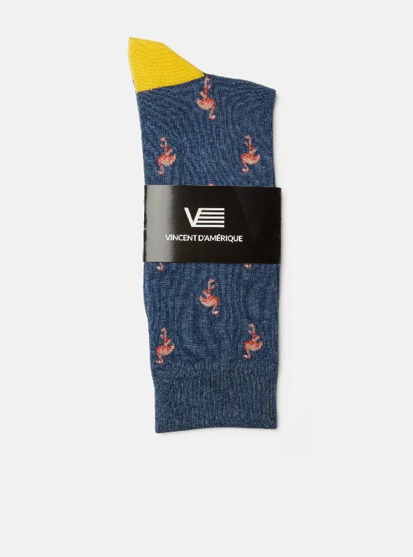 Blue socks with flamingo pattern