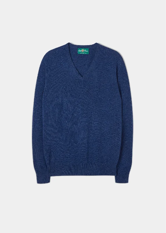 Men's Geelong Lambswool Vee Neck Jumper in Pacific - Regular Fit