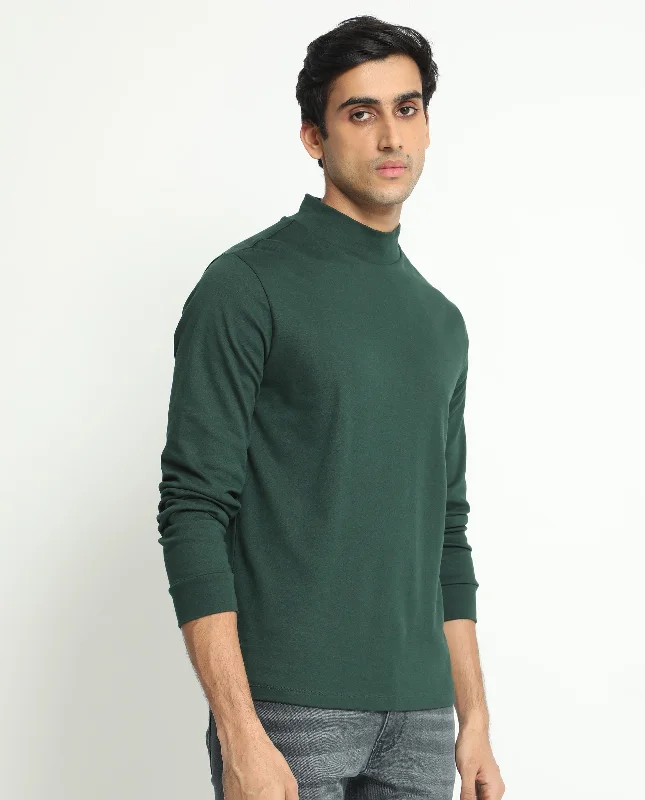 Rare Rabbit Men's Mania Green Cotton Fabric High Neck Full Sleeves Solid Sweatshirt