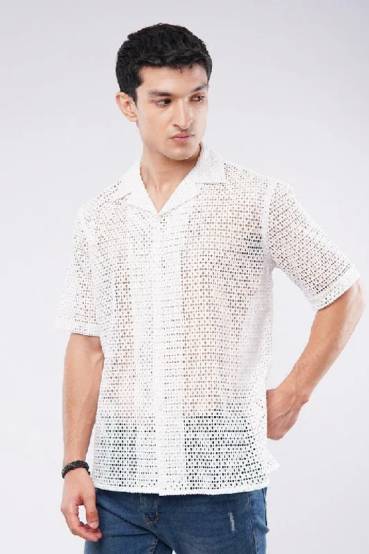 Embroidered Cut Out Cuban Shirt - White