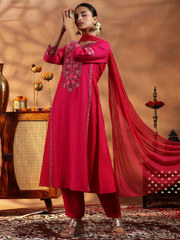 Pink Embroidered Silk Blend A-Line Kurta With Salwar & Dupatta