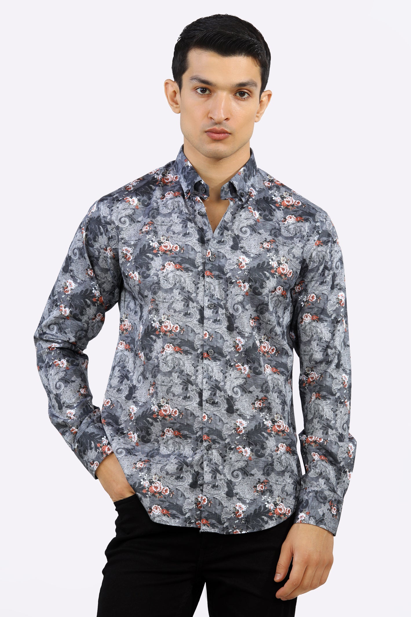 Dark Grey Paisley Printed Casual Milano Shirt