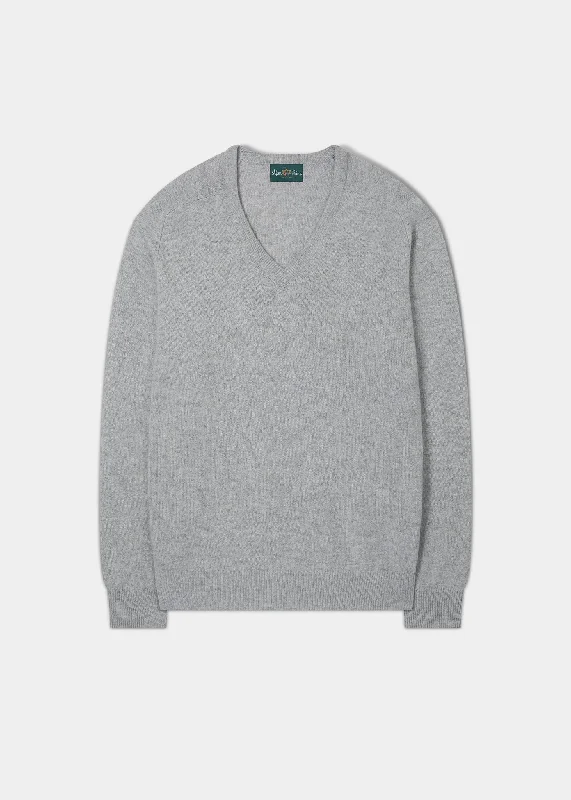 Men's Lambswool Vee Neck Jumper in Light Grey Mix - Classic Fit