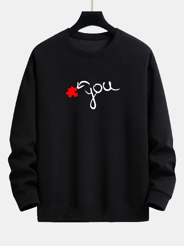 Puzzle Piece Heart Couple Print Relax Fit Sweatshirt