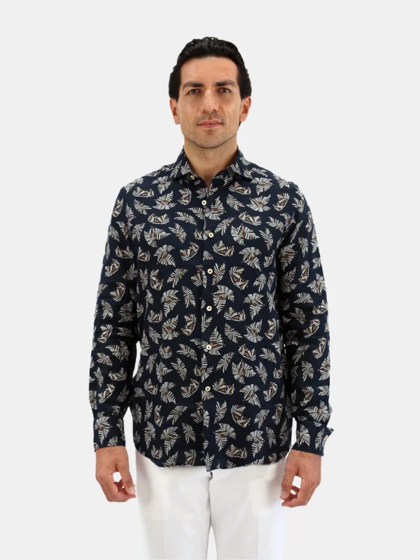 Navy Abstract Leaf Printed Linen Spread Collar Shirt