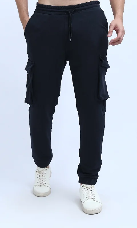 O191039 Slip On Black Cargo Pants With Elastic Waist