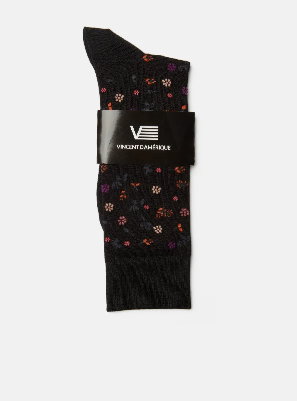 Black socks with flower pattern