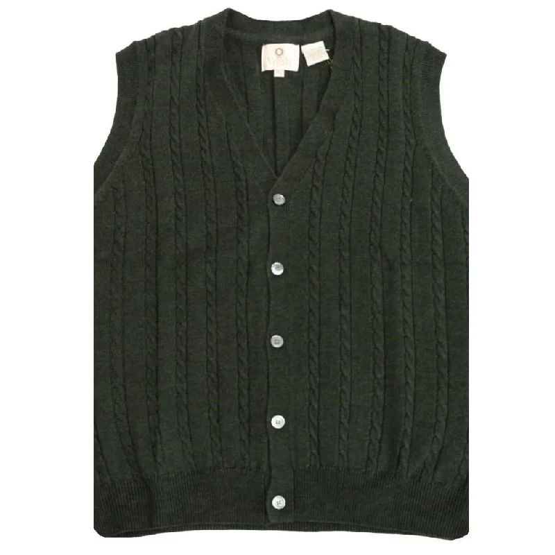 Extra Fine 'Zegna Baruffa' Merino Wool Button-Front Cable Knit Sleeveless Sweater Vest in Dark Green by Viyella