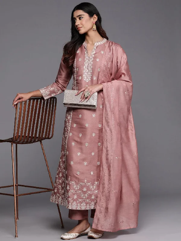 Libas Art Peach Embroidered Silk Blend A-Line Kurta With Trousers & Dupatta