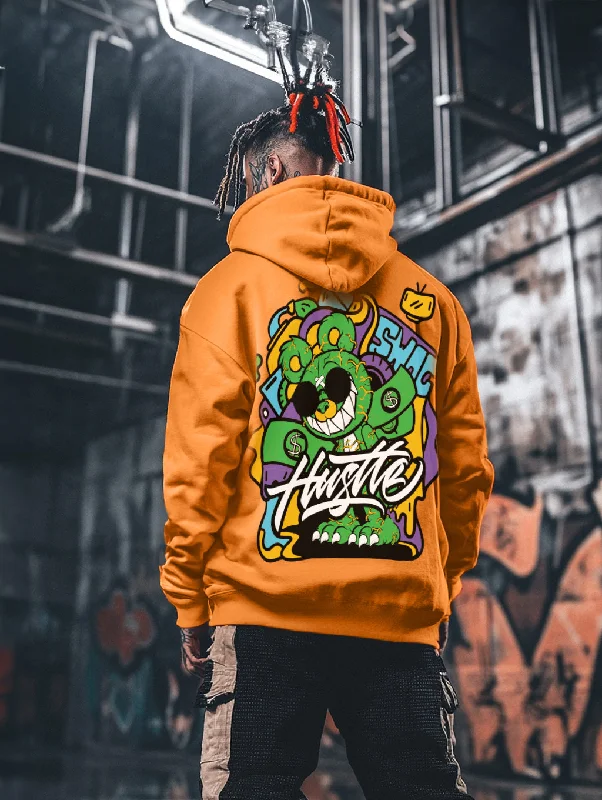 Hustle Orange Oversized Back Graphic Printed Hoodie