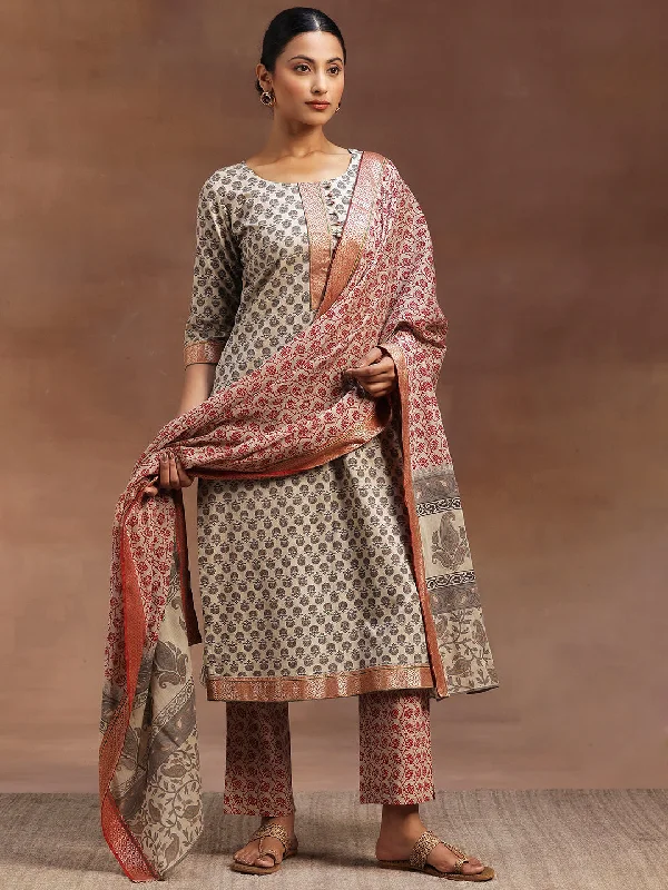 Beige Printed Cotton Straight Suit With Dupatta