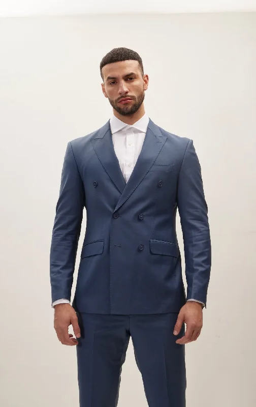 Super 120S Merino Wool Double Breasted Suit - Dark Petrol Blue