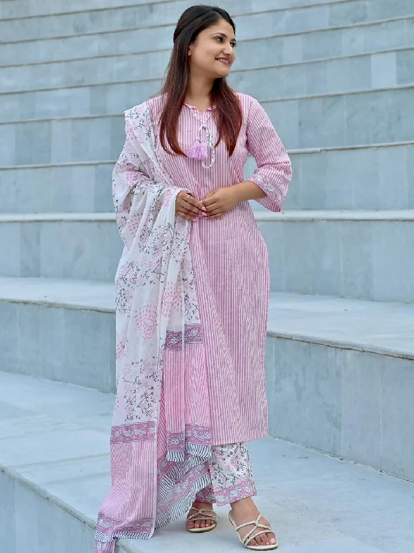 Pink Printed Cotton Straight Kurta With Trousers & Dupatta