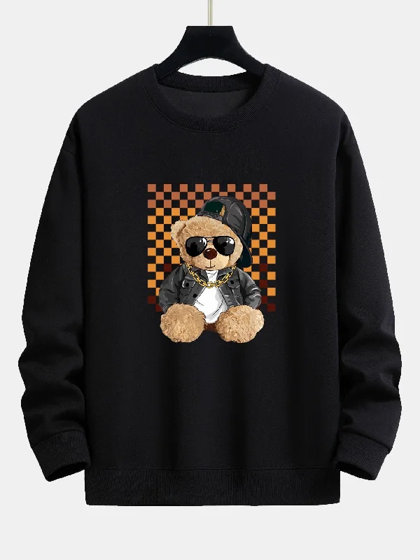 Chessboard Hip Hop Bear Print Relax Fit Sweatshirt