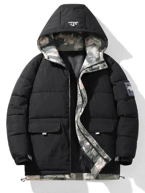 Camouflage Lined Pockets Hooded Puffer Coat