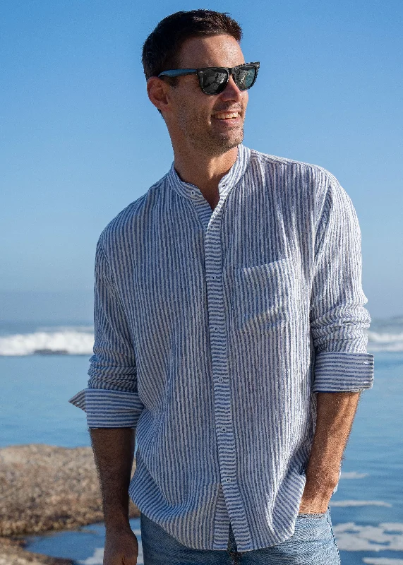 Twice as Nice Mens' Cotton shirt with Nehru Collar in Ocean Stripe