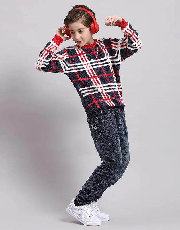 Boys Navy Blue Check Round Neck Full Sleeve Sweater