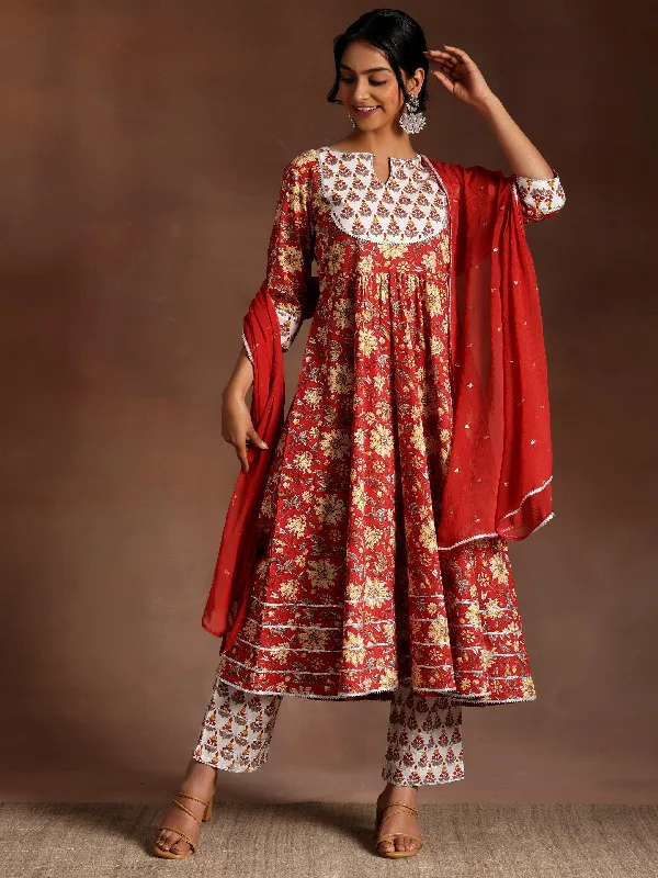 Red Printed Cotton Anarkali Suit With Dupatta