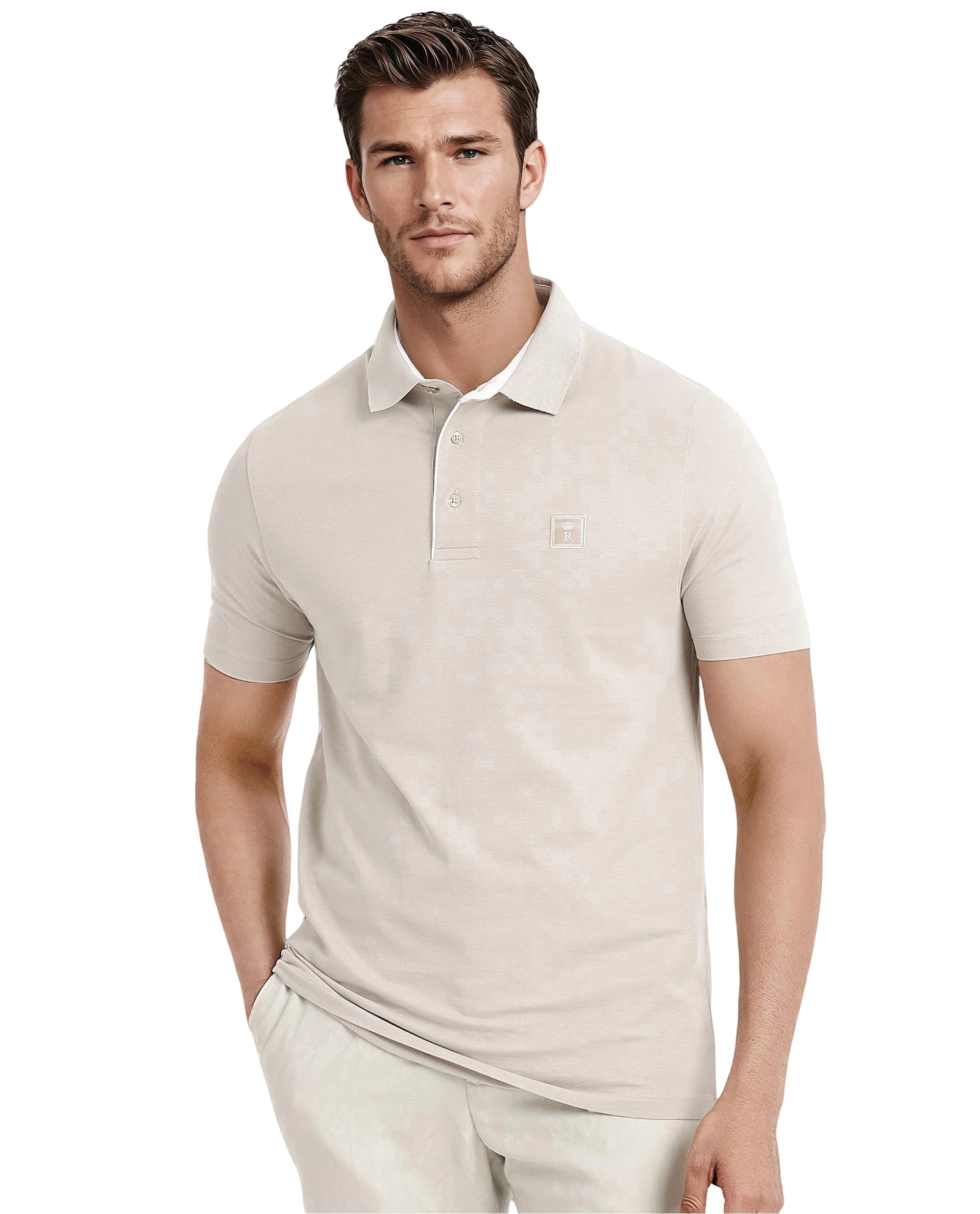 Rare Rabbit Men's Maq Beige Cotton Polyester Lycra Fabric Short Sleeve Contrasting Placket Piping Regular Fit Plain Polo T-Shirt