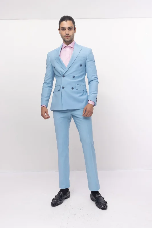 Super 120S Merino Wool Double Breasted Suit- Sky Blue