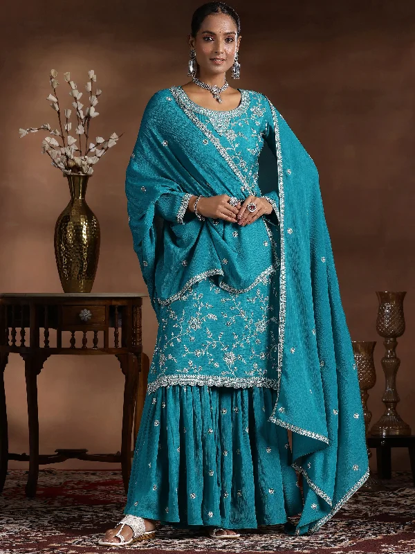 Rama Blue Embroidered Silk Blend Straight Suit With Dupatta