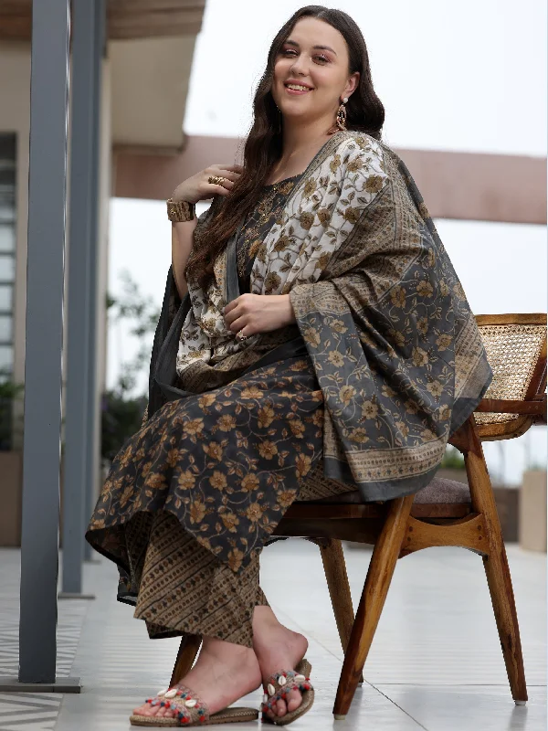 Plus Size Grey Printed Cotton Straight Suit With Dupatta