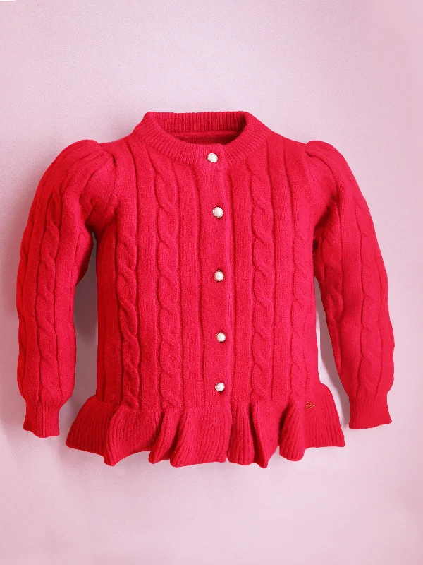 Cherry Crumble Fuchsia Cabel Knit Polyester Blend Full Sleeves Round Neck Casual Wear Fit & Flare  Winter Peplum Sweater For Girls