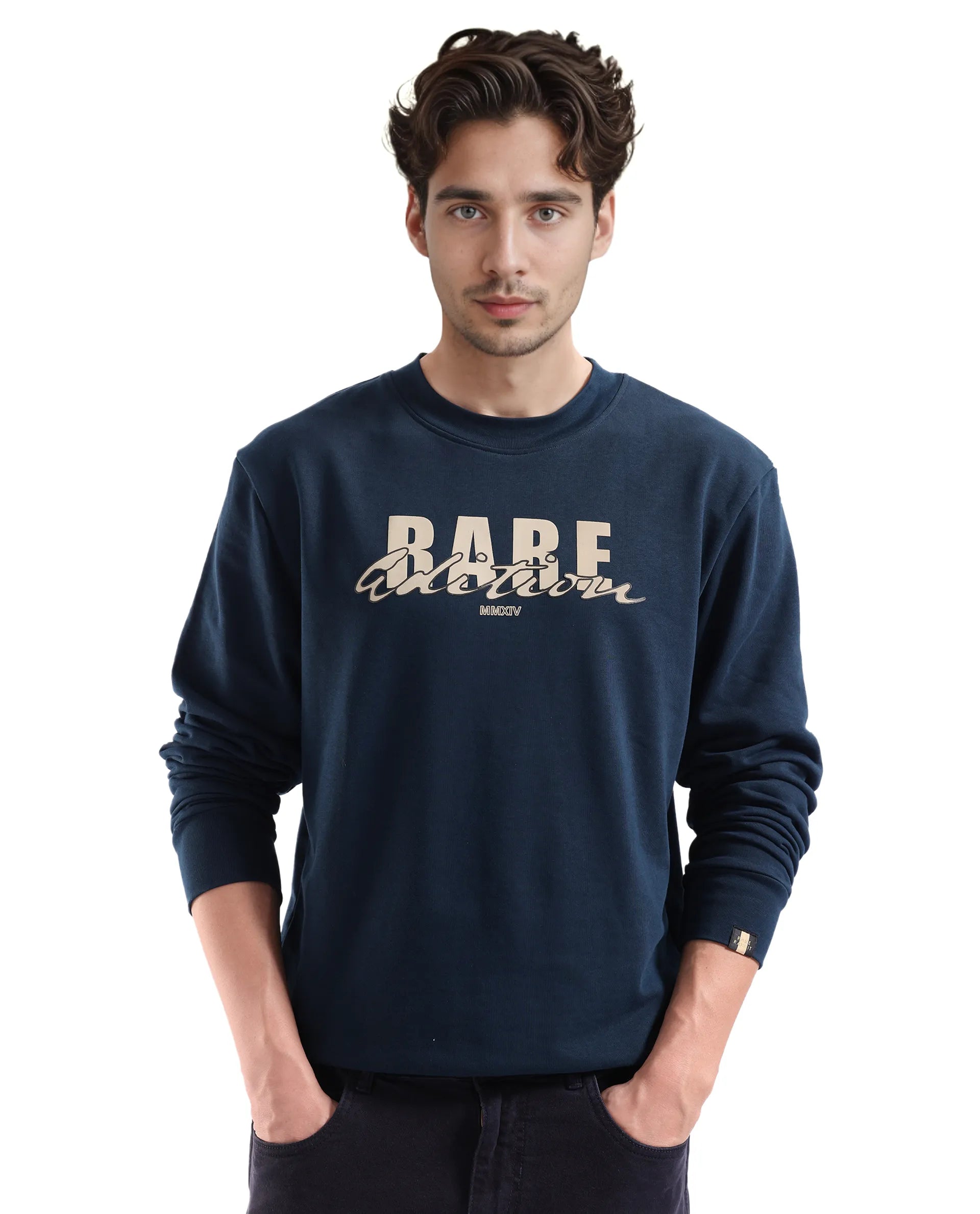 Rare Rabbit Men's Roven Dark Petrol Cotton Blend Fabric Full Sleeve Crew Neck Puff Printed Sweatshirt