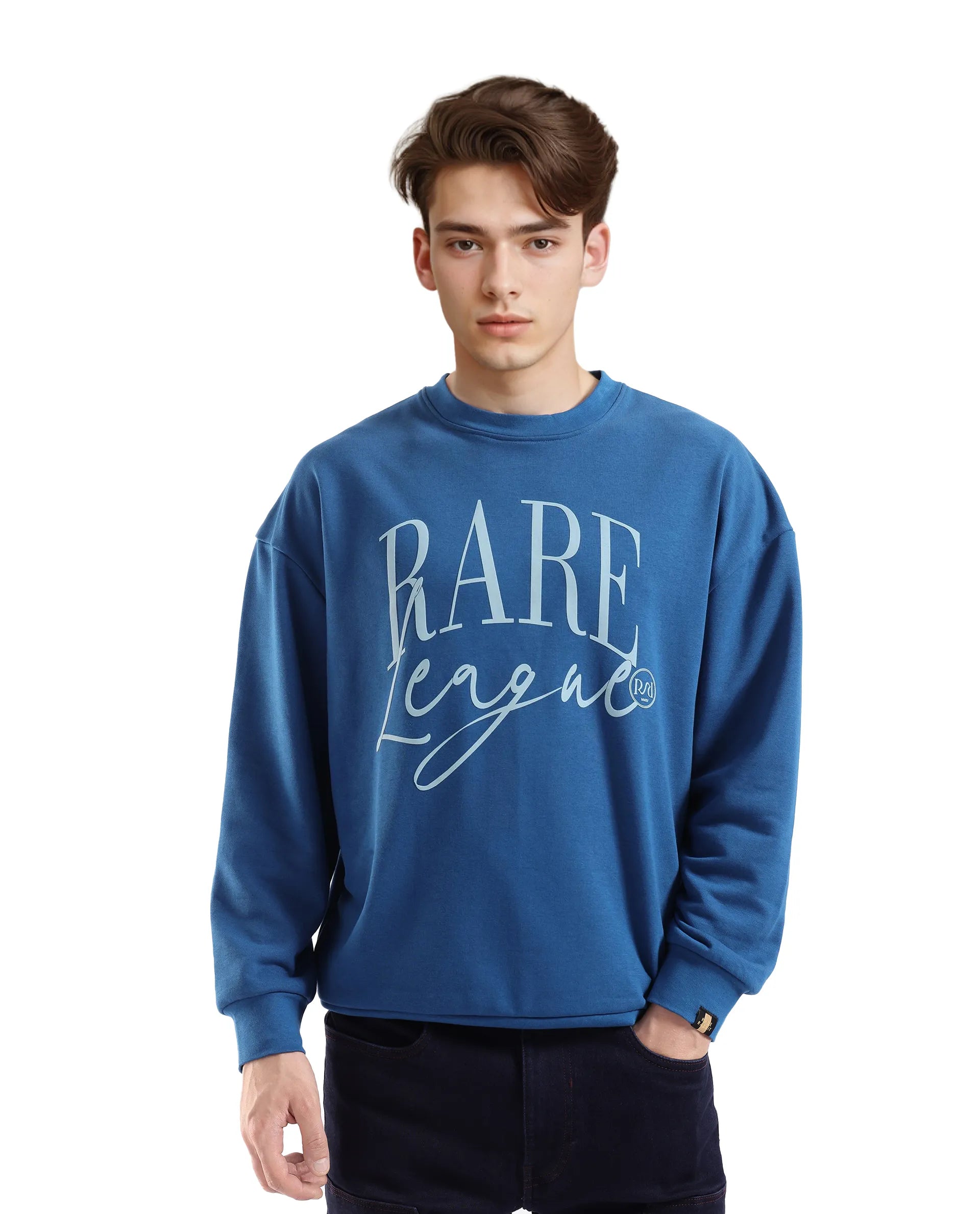 Rare Rabbit Men's Emro Dark Blue Cotton Blend Fabric Full Sleeve Crew Neck Boxy Fit Printed Sweatshirt