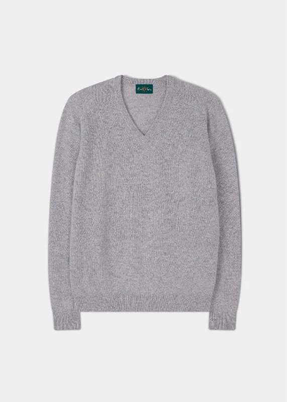 Men's Lambswool Vee Neck Jumper in Light Grey Mix - Regular Fit